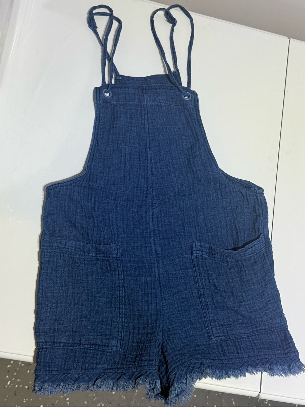 Aerie Navy Blue Gauzy Utility Overall Shorts Romper w/Frayed Hem XS Like New